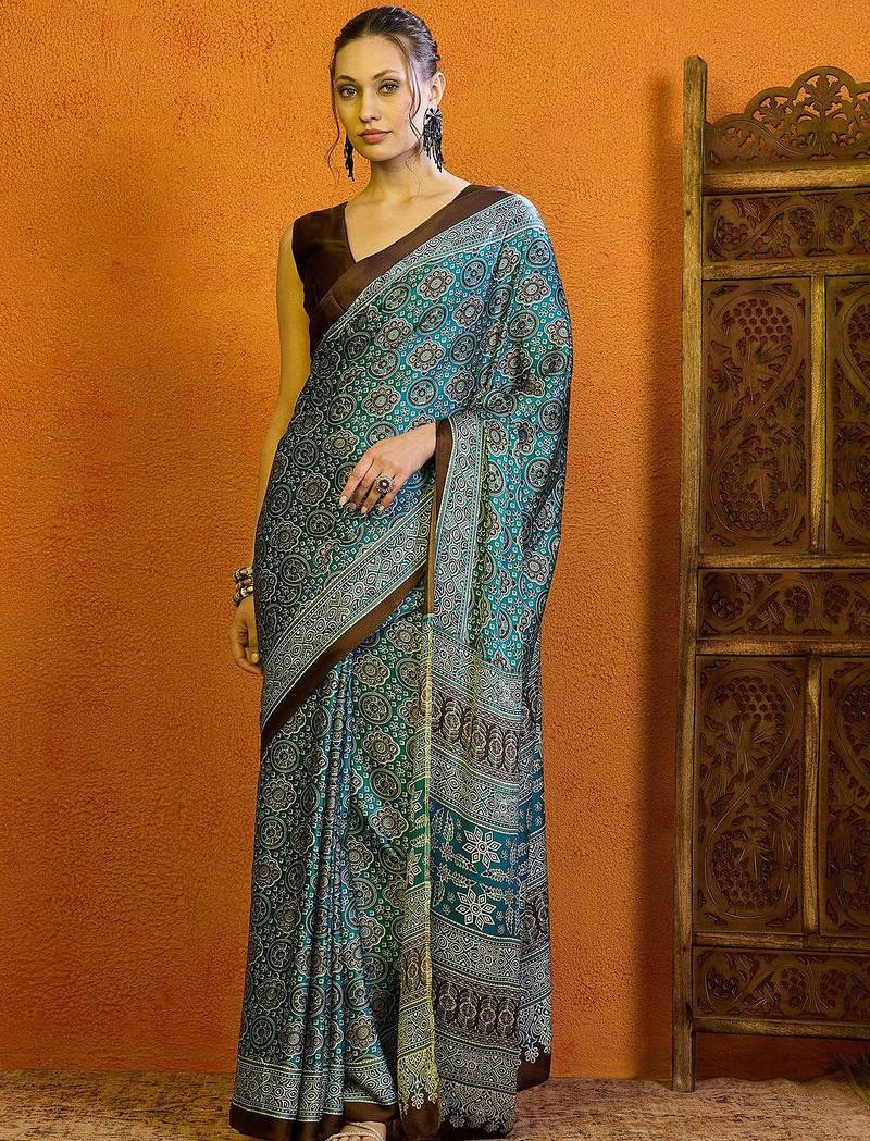 blue modal ajrak block satin block print sareewith blouse piece