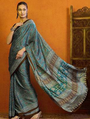blue modal ajrak block satin block print sareewith blouse piece 2
