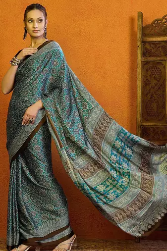 blue modal ajrak block satin block print sareewith blouse piece