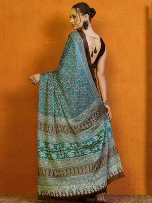 blue modal ajrak block satin block print sareewith blouse piece 3