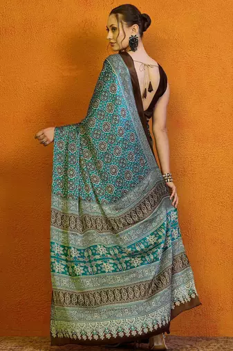 blue modal ajrak block satin block print sareewith blouse piece