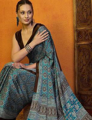 blue modal ajrak block satin block print sareewith blouse piece 4