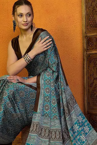 blue modal ajrak block satin block print sareewith blouse piece