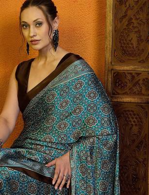 blue modal ajrak block satin block print sareewith blouse piece 5