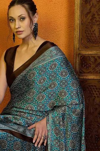blue modal ajrak block satin block print sareewith blouse piece