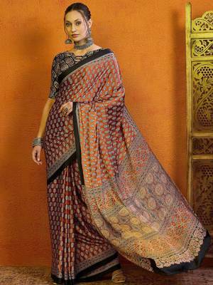 rust ethnic motifs satin block print saree 1
