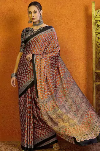 rust ethnic motifs satin block print saree