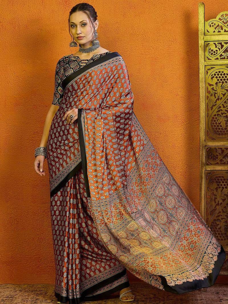 rust ethnic motifs satin block print saree