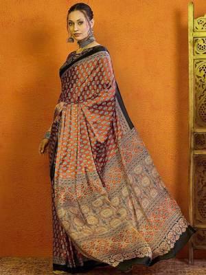 rust ethnic motifs satin block print saree 2