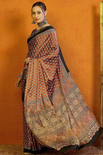 rust ethnic motifs satin block print saree