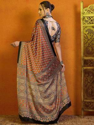 rust ethnic motifs satin block print saree 3