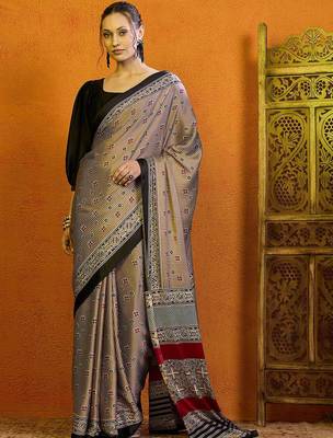 beige striped satin block print saree 1