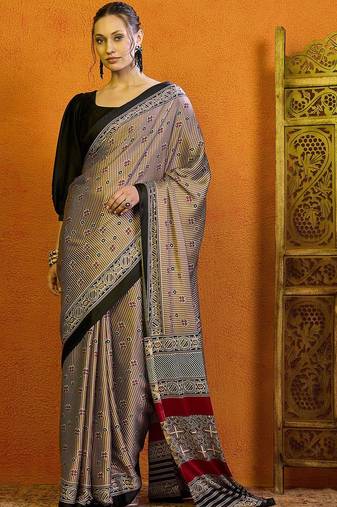 beige striped satin block print saree