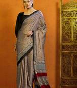 beige striped satin block print saree