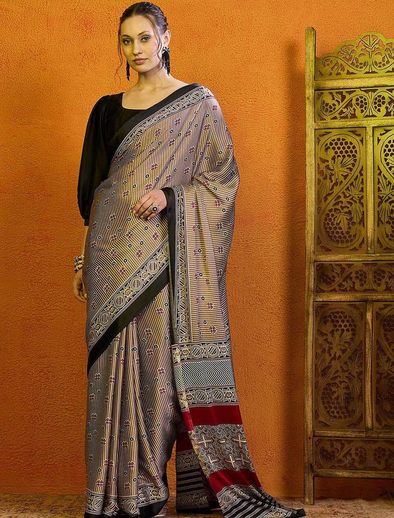 beige striped satin block print saree