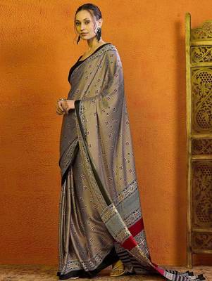 beige striped satin block print saree 2