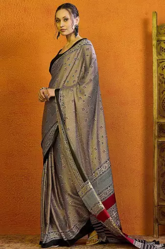 beige striped satin block print saree