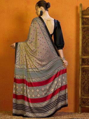 beige striped satin block print saree 3