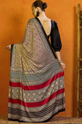beige striped satin block print saree