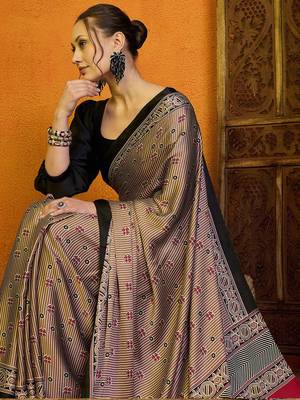 beige striped satin block print saree 4