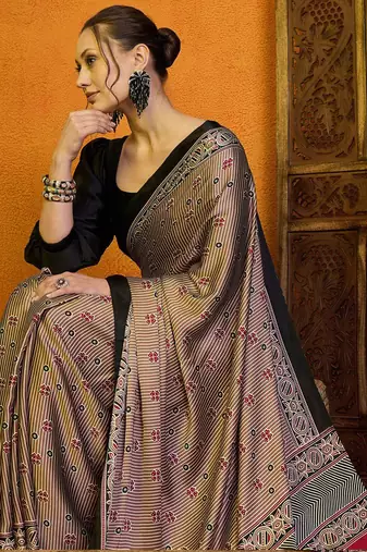 beige striped satin block print saree