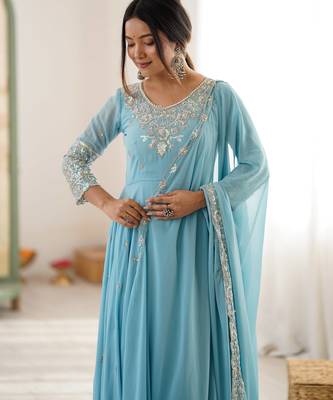 Sky georgette readymade anarkali with embroidery & sequence work 2