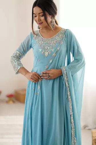 Sky georgette readymade anarkali with embroidery & sequence work