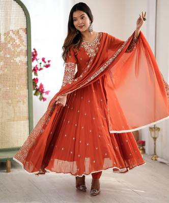 Orange georgette readymade anarkali with embroidery & sequence work 1