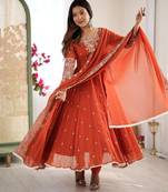 Orange georgette readymade anarkali with embroidery & sequence work