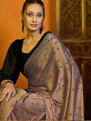 beige striped satin block print saree 5