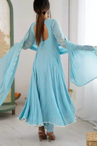 Sky georgette readymade anarkali with embroidery & sequence work