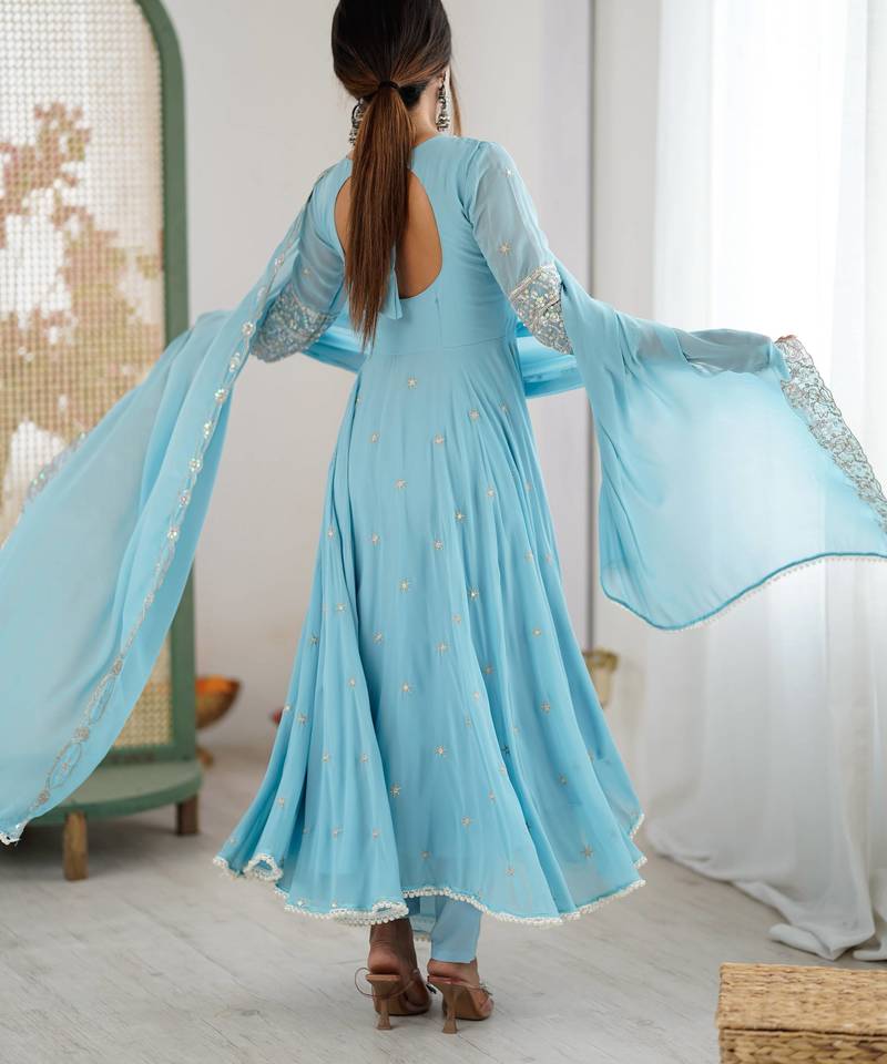 Sky georgette readymade anarkali with embroidery & sequence work
