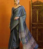 grey polka dot satin block print saree