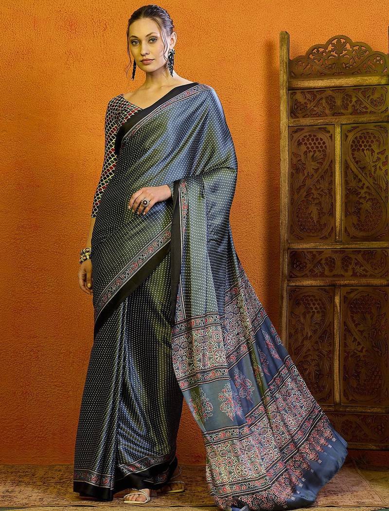 grey polka dot satin block print saree