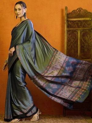 grey polka dot satin block print saree 2