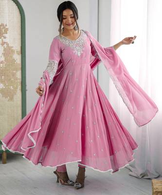 Pink georgette readymade anarkali with embroidery & sequence work 1