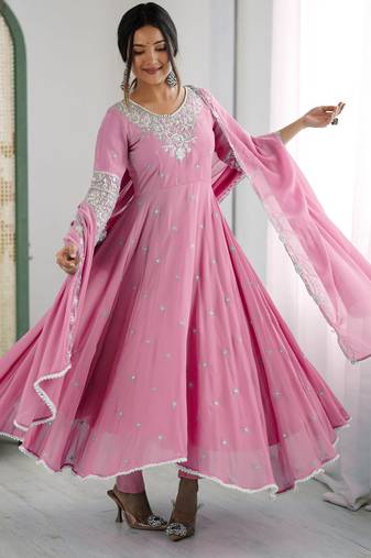 Pink georgette readymade anarkali with embroidery & sequence work