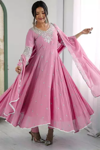 Pink georgette readymade anarkali with embroidery & sequence work
