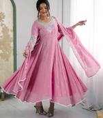 Pink georgette readymade anarkali with embroidery & sequence work