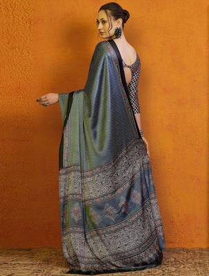 grey polka dot satin block print saree 3