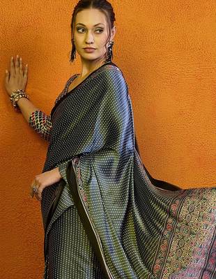 grey polka dot satin block print saree 4
