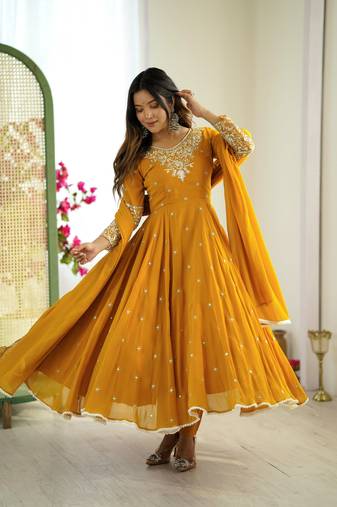 Mustard georgette readymade anarkali with embroidery & sequence work