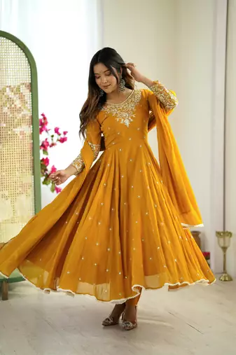 Mustard georgette readymade anarkali with embroidery & sequence work