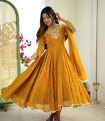 Mustard georgette readymade anarkali with embroidery & sequence work
