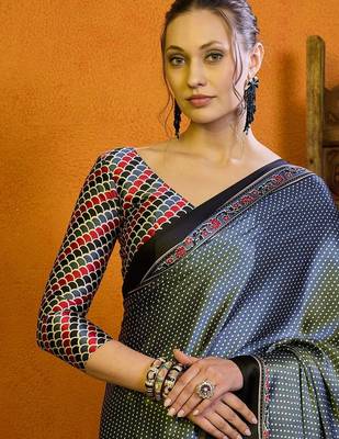grey polka dot satin block print saree 5