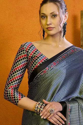 grey polka dot satin block print saree