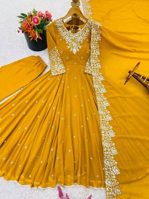 Mustard georgette readymade anarkali with embroidery & sequence work 2
