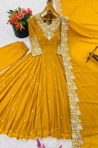 Mustard georgette readymade anarkali with embroidery & sequence work