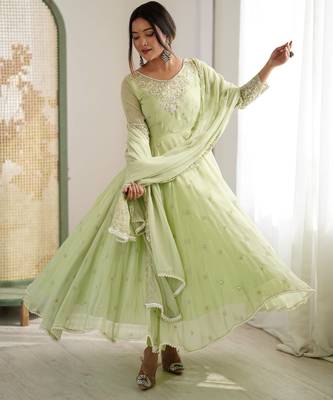 Lime georgette readymade anarkali with embroidery & sequence work 1