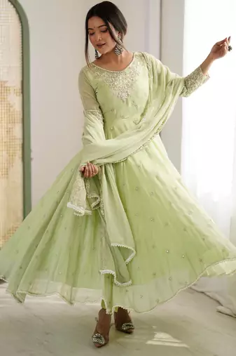 Lime georgette readymade anarkali with embroidery & sequence work